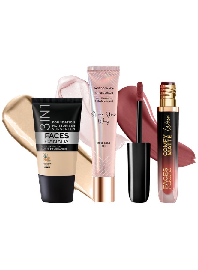 فاسيسكانادا مجموعة فيس كندا سيليب جلو | كريم ستروب - ذهبي وردي، 18 مل + كريم أساس هيدرا مات - عاجي مطلق، 18 مل + كومفي مات واو - شوكو كوتور، 3.8 مل | هايلايتر | غني بالأصباغ | عبوة من 3 قطع - Image 1